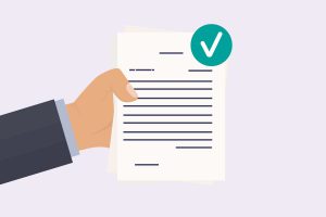 dessin d'une main tenant un document sur lequel est inscrit le signe V en vert