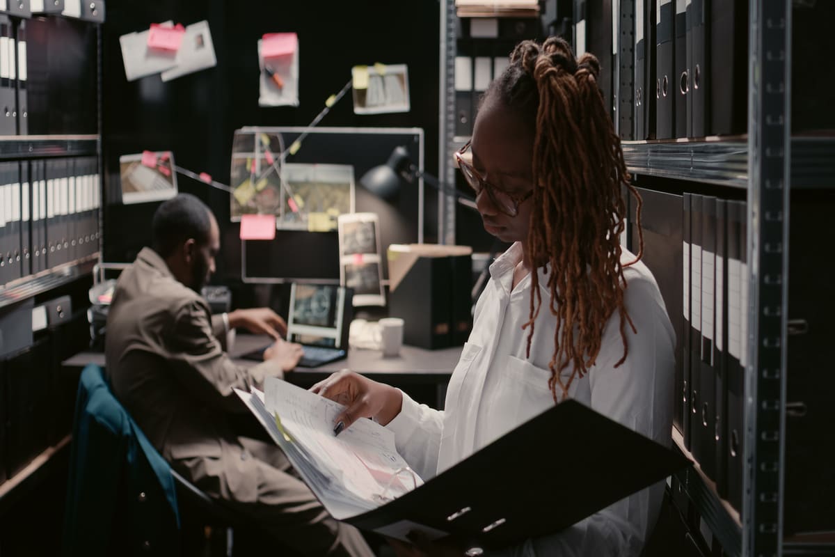 Femme debout en train de consulter un document dans une pièce remplie de dossiers  et homme assis devant un ordinateur 